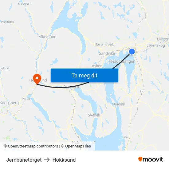 Jernbanetorget to Hokksund map