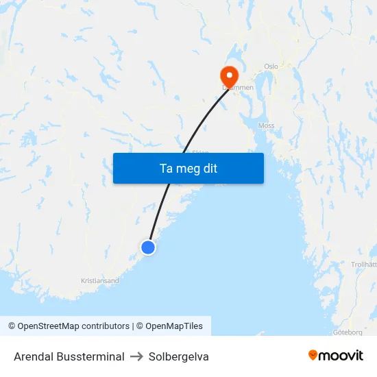 Arendal Bussterminal to Solbergelva map