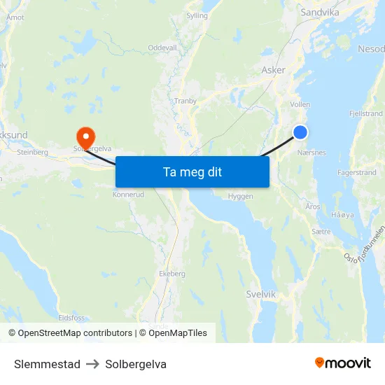 Slemmestad to Solbergelva map
