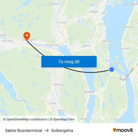 Sætre Bussterminal to Solbergelva map