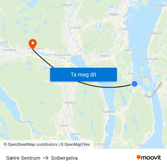 Sætre Sentrum to Solbergelva map