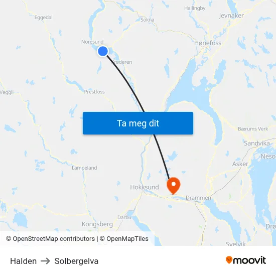 Halden to Solbergelva map
