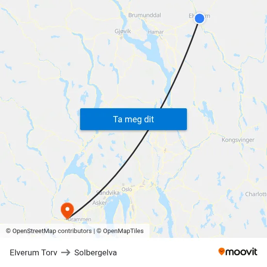 Elverum Torv to Solbergelva map