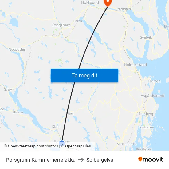 Porsgrunn Kammerherreløkka to Solbergelva map