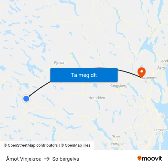 Åmot Vinjekroa to Solbergelva map