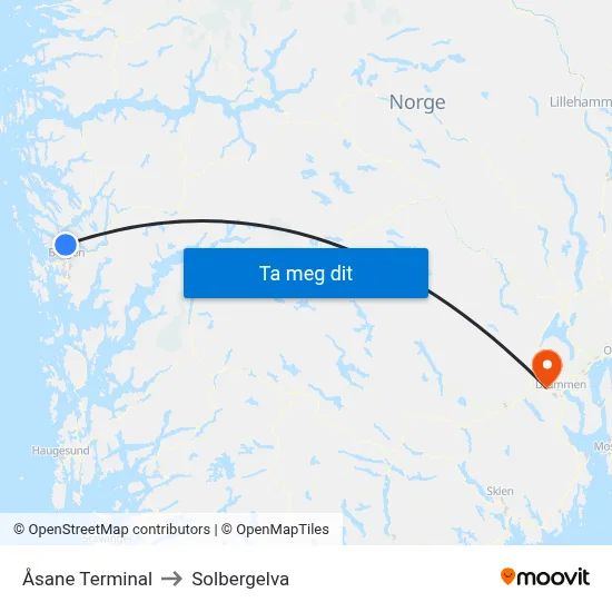 Åsane Terminal to Solbergelva map