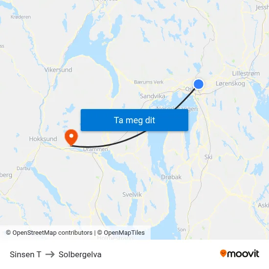 Sinsen T to Solbergelva map