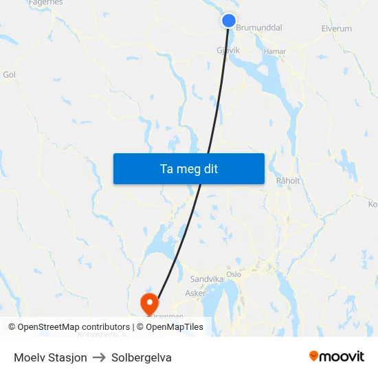 Moelv Stasjon to Solbergelva map