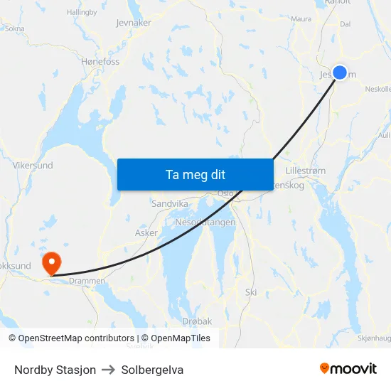 Nordby Stasjon to Solbergelva map