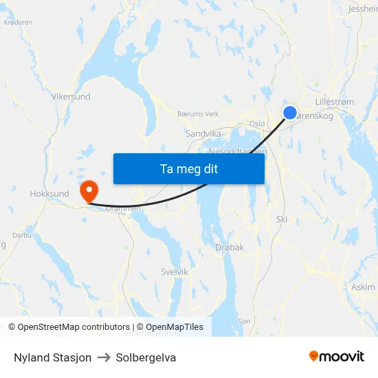 Nyland Stasjon to Solbergelva map