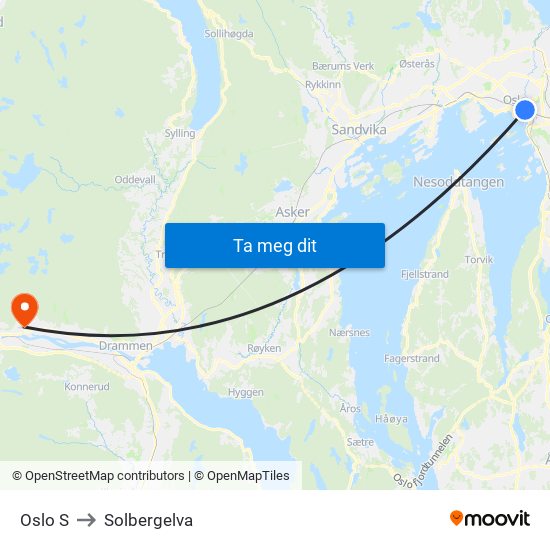 Oslo S to Solbergelva map