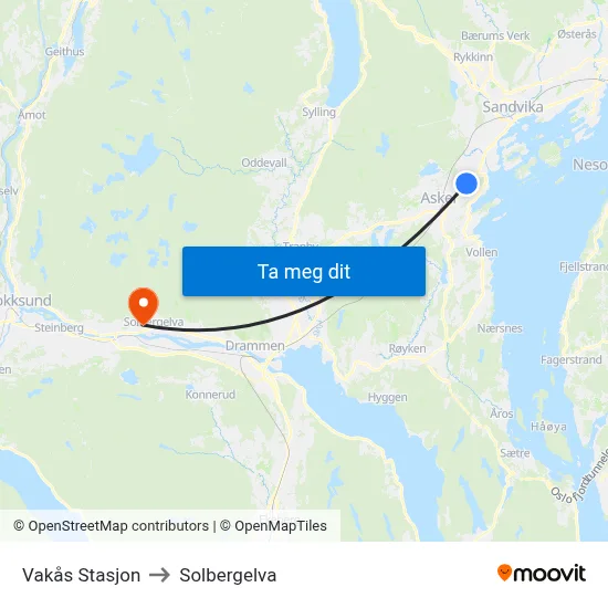 Vakås Stasjon to Solbergelva map