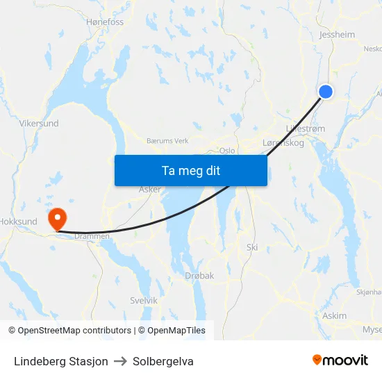 Lindeberg Stasjon to Solbergelva map