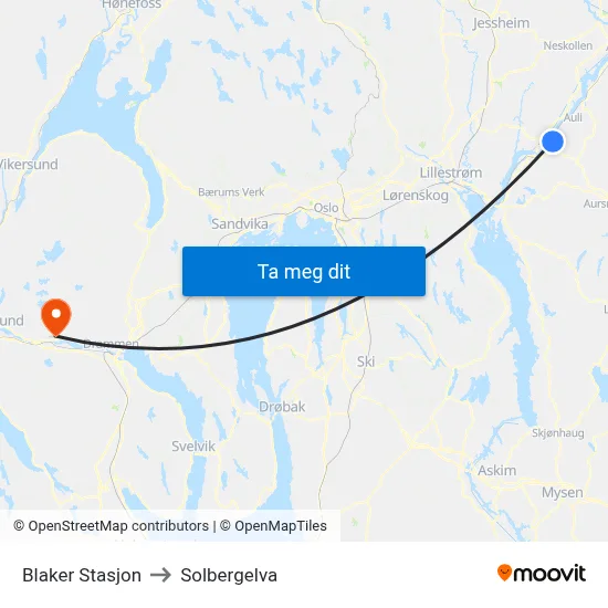 Blaker Stasjon to Solbergelva map