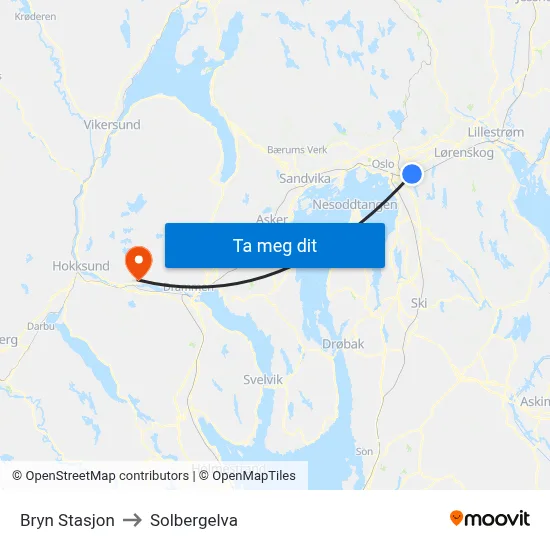 Bryn Stasjon to Solbergelva map