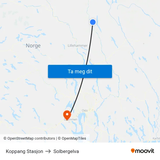 Koppang Stasjon to Solbergelva map