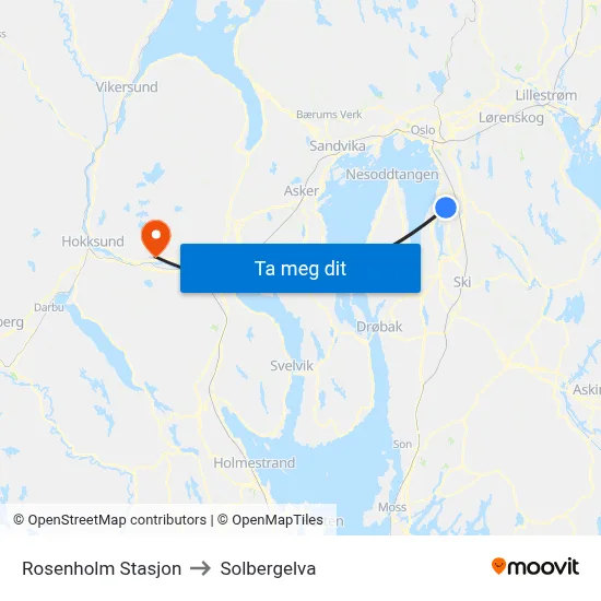 Rosenholm Stasjon to Solbergelva map