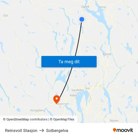Reinsvoll Stasjon to Solbergelva map