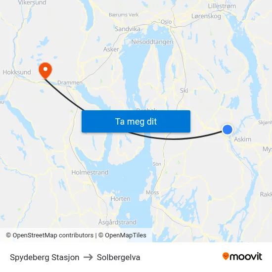 Spydeberg Stasjon to Solbergelva map
