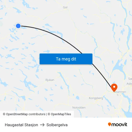 Haugastøl Stasjon to Solbergelva map