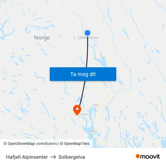 Hafjell Alpinsenter to Solbergelva map