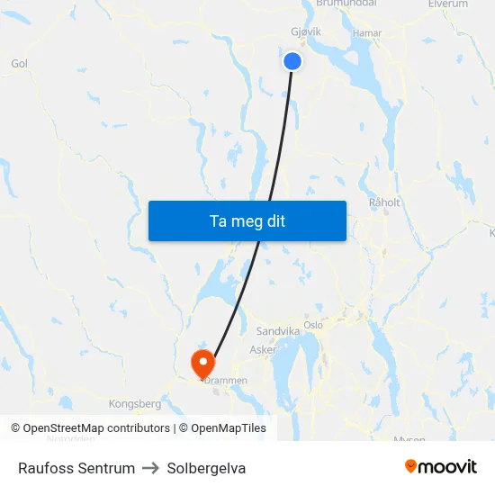 Raufoss Sentrum to Solbergelva map