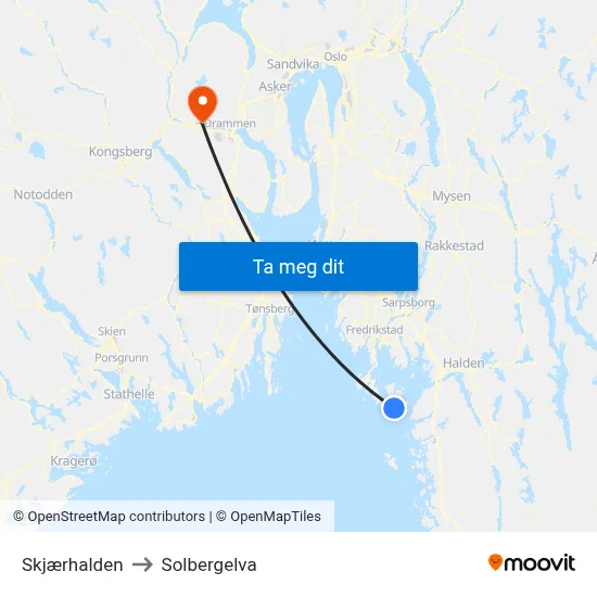 Skjærhalden to Solbergelva map