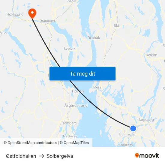Østfoldhallen to Solbergelva map
