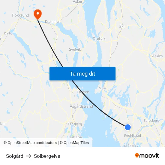 Solgård to Solbergelva map
