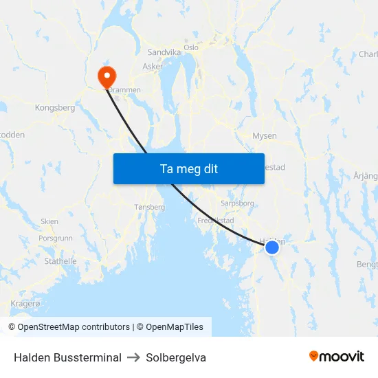 Halden Bussterminal to Solbergelva map
