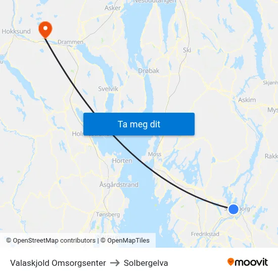 Valaskjold Omsorgsenter to Solbergelva map