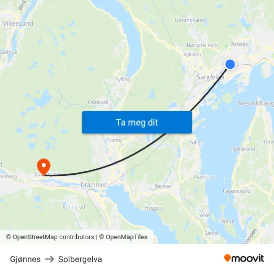 Gjønnes to Solbergelva map