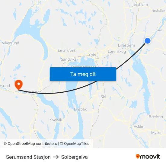 Sørumsand Stasjon to Solbergelva map