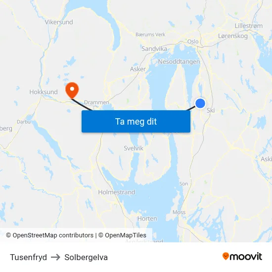 Tusenfryd to Solbergelva map