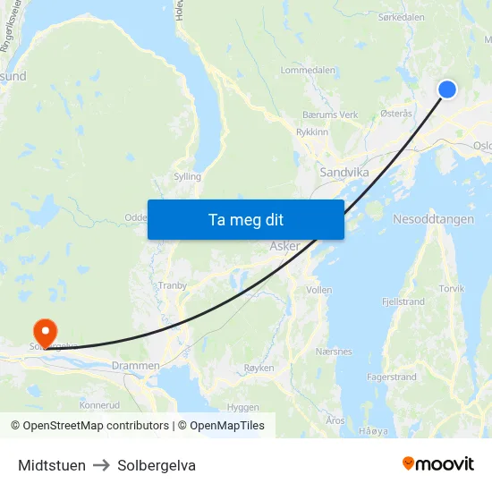 Midtstuen to Solbergelva map