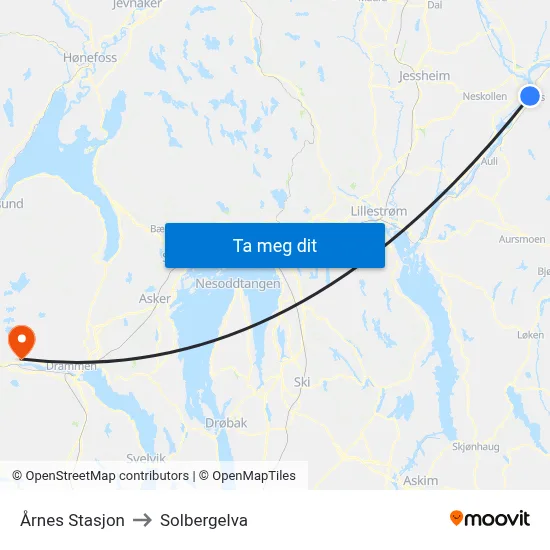 Årnes Stasjon to Solbergelva map