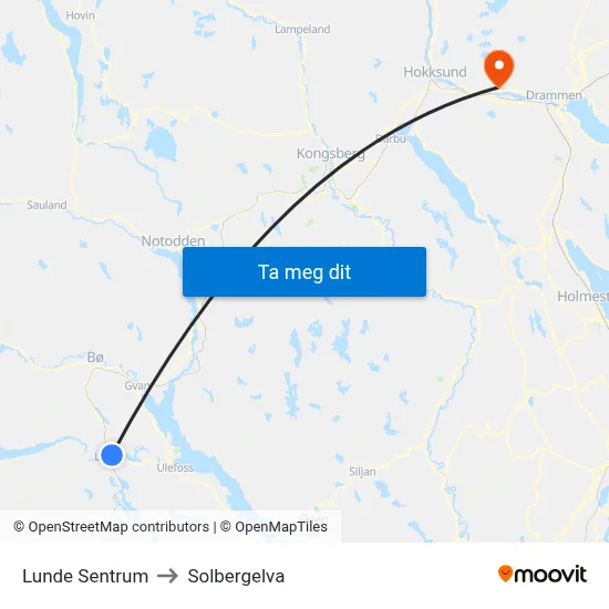 Lunde Sentrum to Solbergelva map