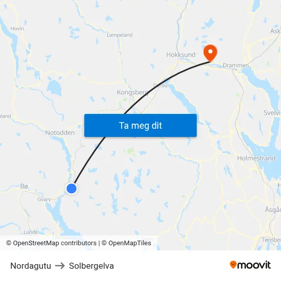 Nordagutu to Solbergelva map