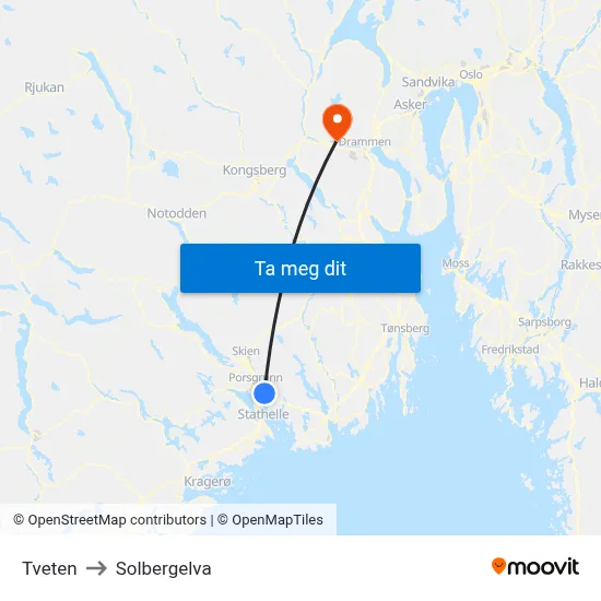 Tveten to Solbergelva map