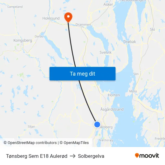 Tønsberg Sem E18 Aulerød to Solbergelva map