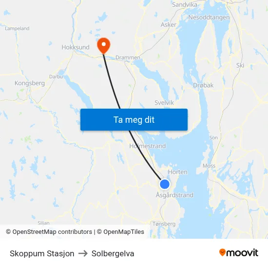 Skoppum Stasjon to Solbergelva map