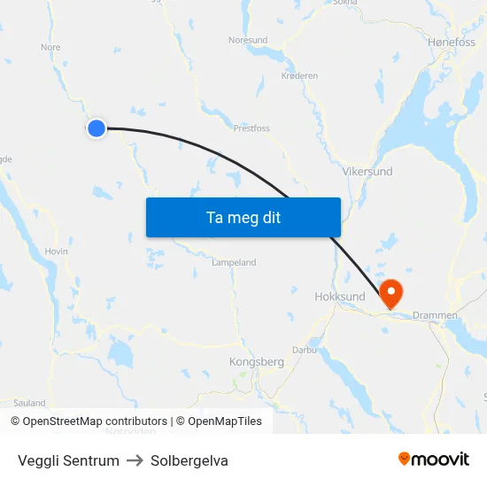 Veggli Sentrum to Solbergelva map