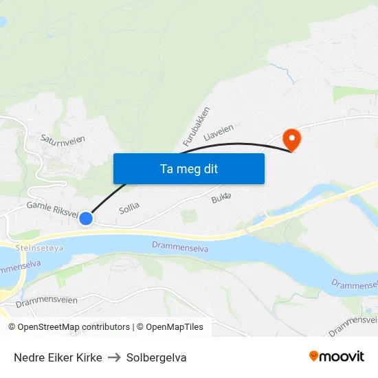 Nedre Eiker Kirke to Solbergelva map