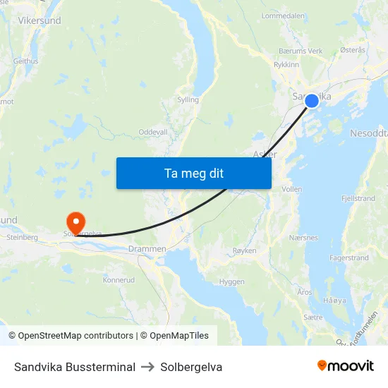 Sandvika Bussterminal to Solbergelva map
