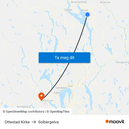 Ottestad Kirke to Solbergelva map
