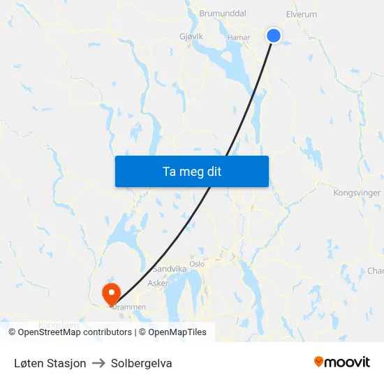 Løten Stasjon to Solbergelva map