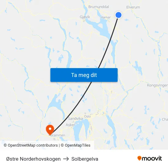 Østre Norderhovskogen to Solbergelva map