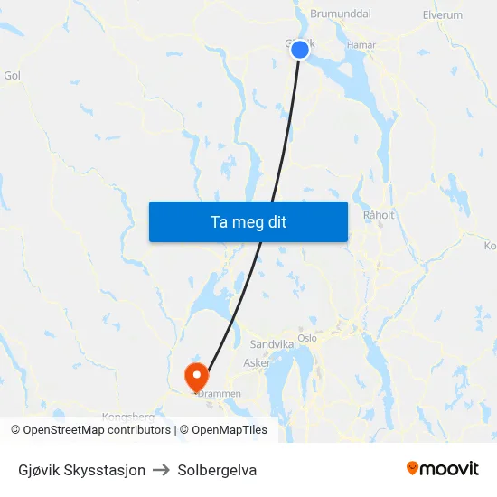 Gjøvik Skysstasjon to Solbergelva map