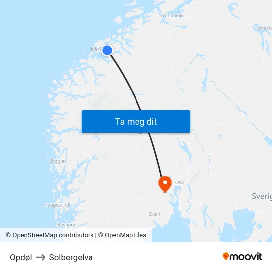 Opdøl to Solbergelva map