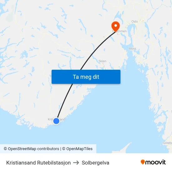 Kristiansand Rutebilstasjon to Solbergelva map